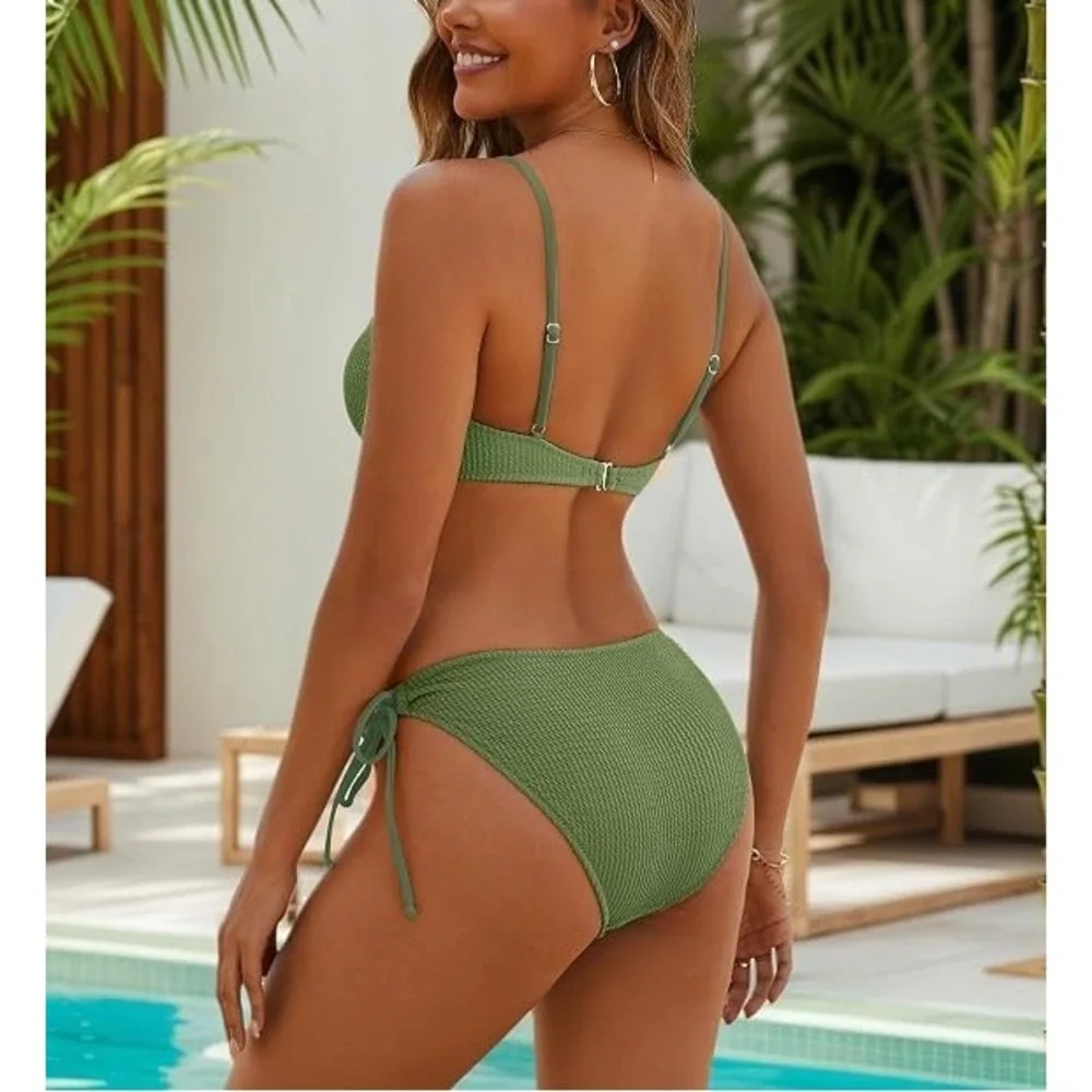 Blooming Jelly Womens Olive Green Smocked Bikini Set Two Piece Swimsuit Size M